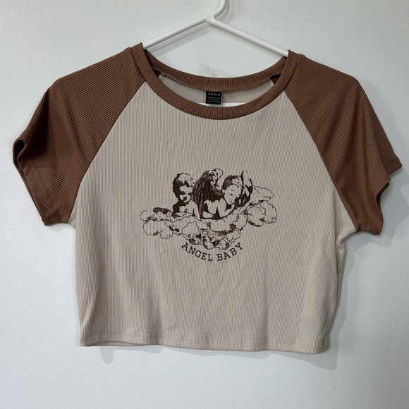 🎉4/30$🎉 SHEIN 'Angel Baby' Brown Raglan Crop Tee - Size Large - Picture 1 of 4